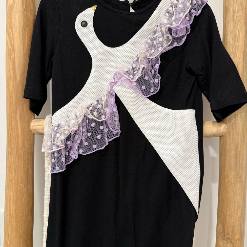Black Dress with White Bird Design and Purple Ruffles